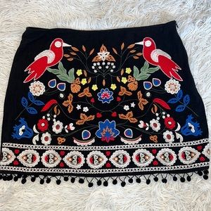 Umgee Embroidered Mini Skirt Womens Size L Pom Pom hem